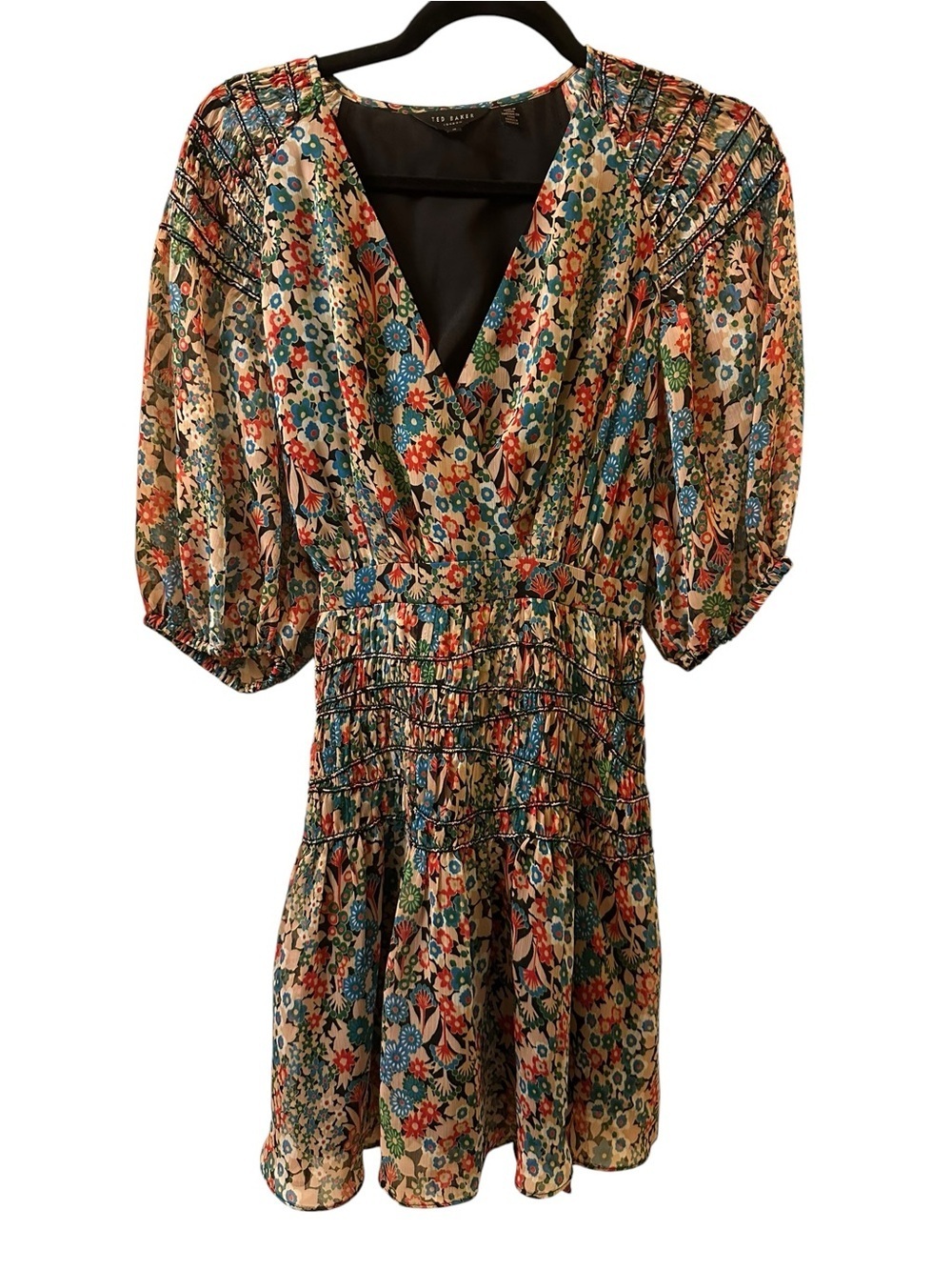 Ted Baker Floral V-Neck Smocked Mini Dress size 2